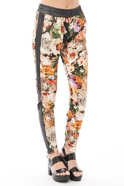 Floral Trousers with Wet Look Detail