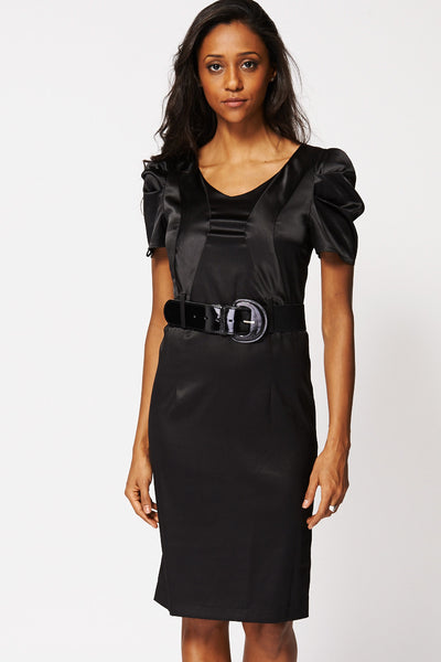 Satin Look Panel Top Ruched Sleeve Midi Dress