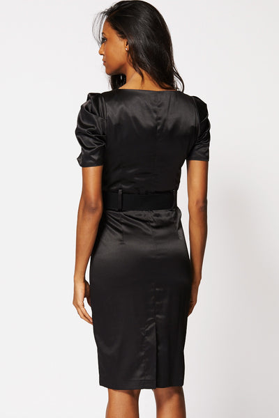 Satin Look Panel Top Ruched Sleeve Midi Dress