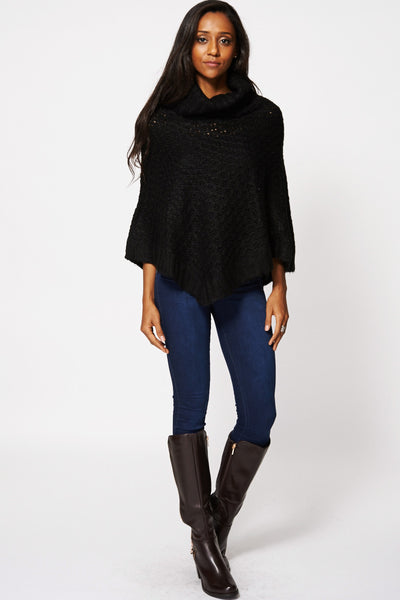 Black Chunky Neck Asymmetric Hem Poncho