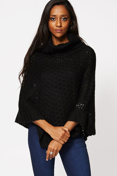 Black Chunky Neck Asymmetric Hem Poncho