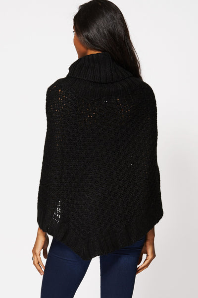 Black Chunky Neck Asymmetric Hem Poncho