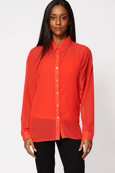 Deep Red Chiffon Button Up Shirt With Camisole Top Ex-Branded