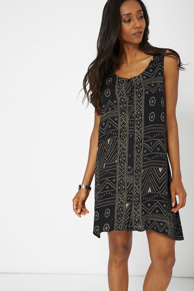 Black Abstract Print Swing Dress