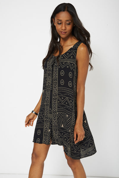 Black Abstract Print Swing Dress