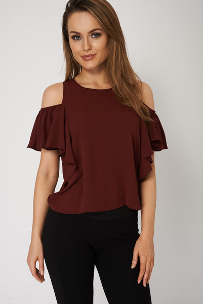 Cold Shoulder Ruffled Sleeves Top Ex-Branded Plus Sizes Available