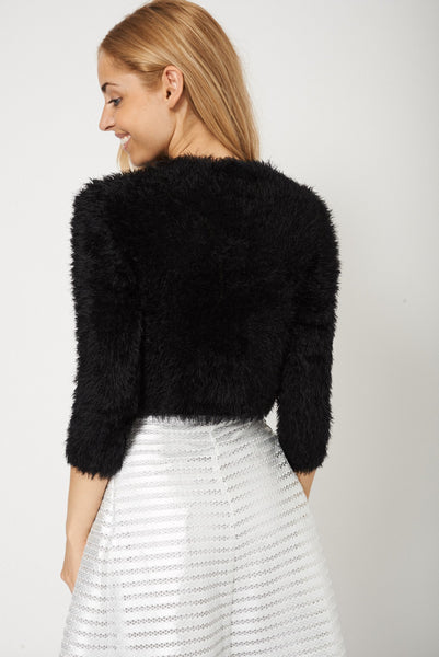 Super Soft Cropped Long Sleeve Black Fluffy Jumper Ex-Branded Available In Plus Sizes