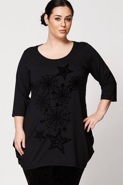 Star And Web Flock Print  Drop Side Hem Tunic