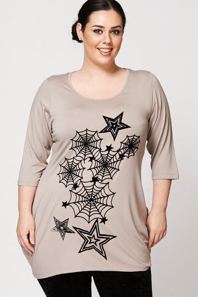 Star And Web Flock Print  Drop Side Hem Tunic