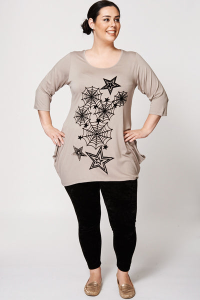 Star And Web Flock Print  Drop Side Hem Tunic