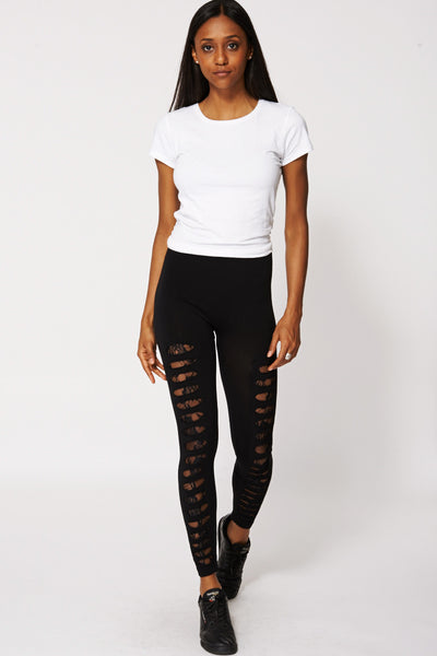 Black Leggings with Ripped Lace Insert Detail