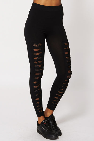 Black Leggings with Ripped Lace Insert Detail