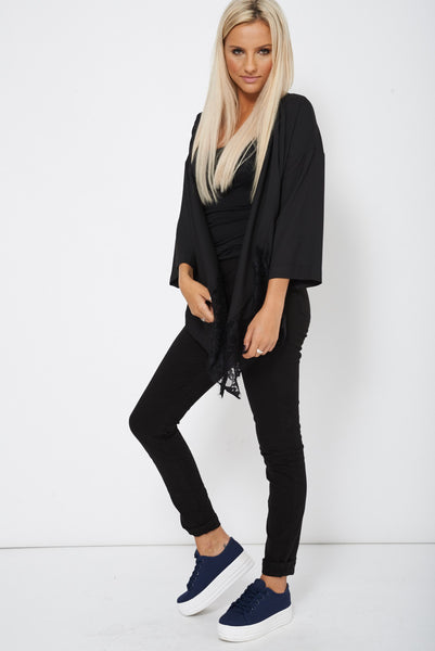 Lace Detailed Black Waterfall Open Asymmetric Cardigan