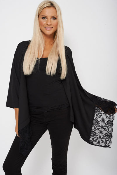 Lace Detailed Black Waterfall Open Asymmetric Cardigan