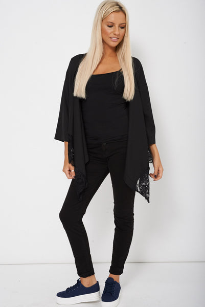 Lace Detailed Black Waterfall Open Asymmetric Cardigan