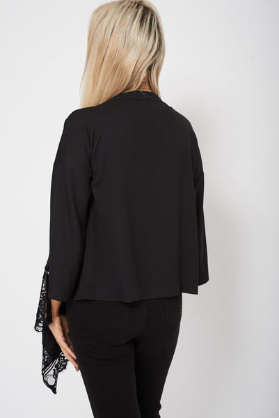 Lace Detailed Black Waterfall Open Asymmetric Cardigan