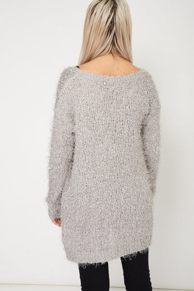 Sequin Detailed Fluffy Open Cardigan