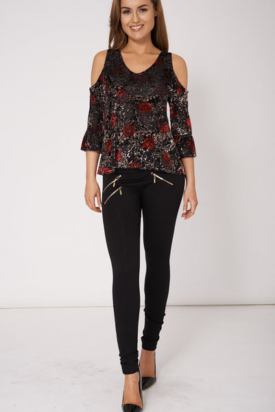 Patterned Soft Touch Cold Shoulder Top