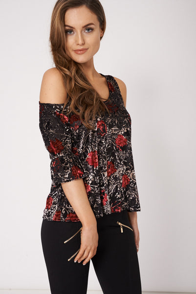 Patterned Soft Touch Cold Shoulder Top
