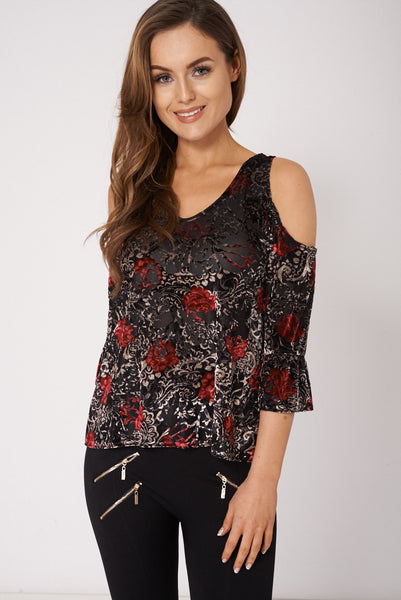 Patterned Soft Touch Cold Shoulder Top