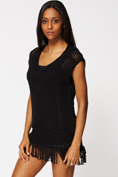 Black Crochet Sleeveless Fringe Hem Top Ex-Branded