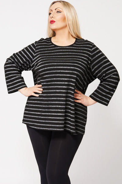 Sparkly Silver Stripe Jumper Top In Black