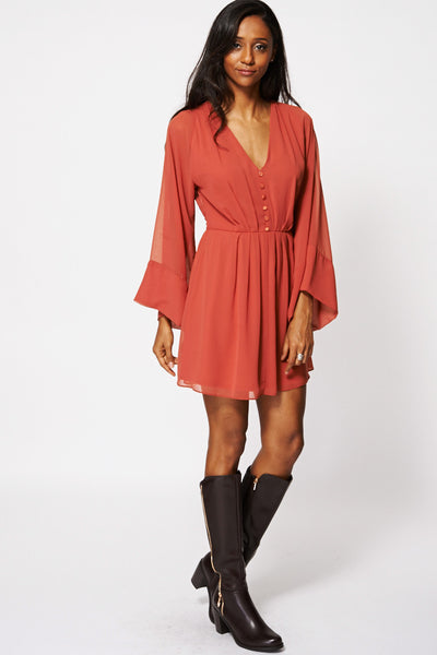 Terracotta Pleated V-neck Chiffon Dress Ex-Branded