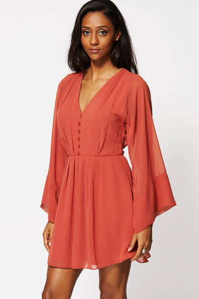 Terracotta Pleated V-neck Chiffon Dress Ex-Branded