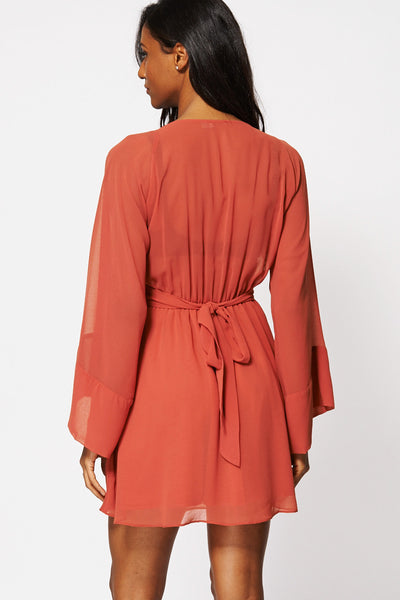 Terracotta Pleated V-neck Chiffon Dress Ex-Branded