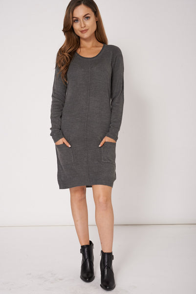 Grey Pocket Front Seam Detail Jumper Dress