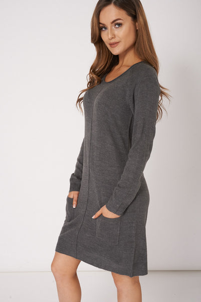 Grey Pocket Front Seam Detail Jumper Dress