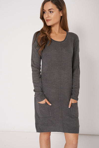 Grey Pocket Front Seam Detail Jumper Dress