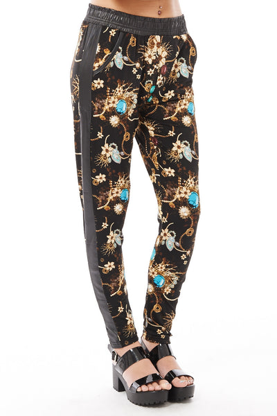 Jewellery and Floral Print Trousers with Wet Look Detail