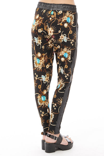 Jewellery and Floral Print Trousers with Wet Look Detail