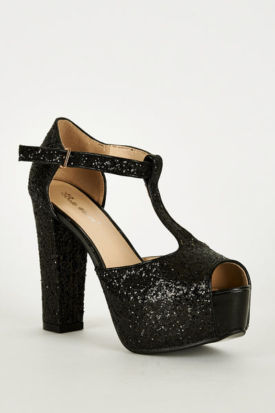 Black Sparkly T-Bar Peep Toe Shoe with Block Heel