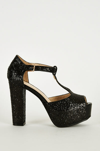 Black Sparkly T-Bar Peep Toe Shoe with Block Heel