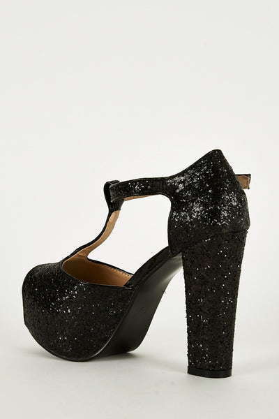 Black Sparkly T-Bar Peep Toe Shoe with Block Heel