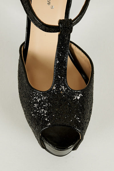 Black Sparkly T-Bar Peep Toe Shoe with Block Heel