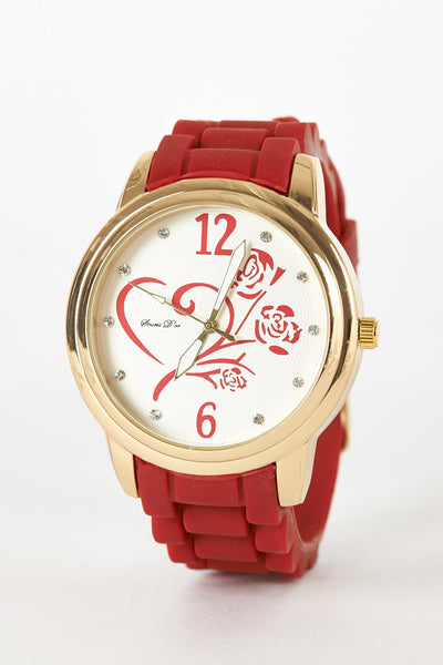 Heart and Rose Design Silicone Rubber Strap Watch