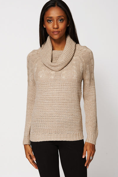 Cowl Neck Mixed Patterned Knit Jumper