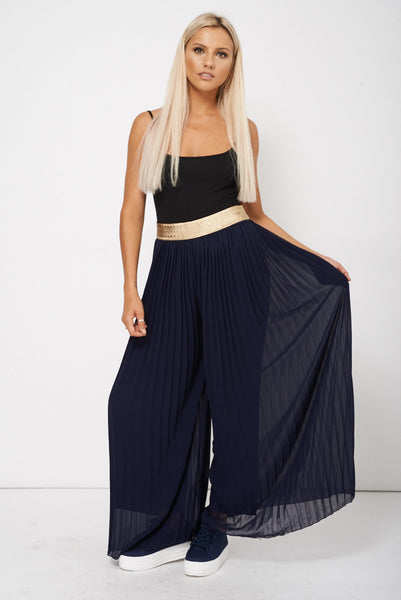 Navy Pleated Wide Leg Trouser