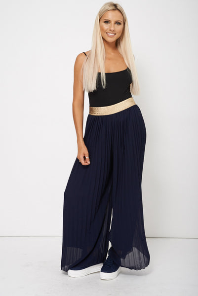 Navy Pleated Wide Leg Trouser