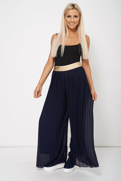 Navy Pleated Wide Leg Trouser