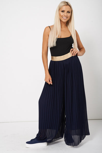 Navy Pleated Wide Leg Trouser