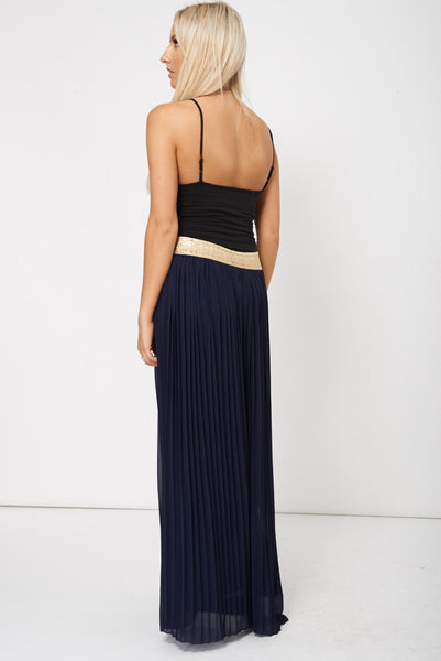 Navy Pleated Wide Leg Trouser