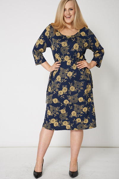 Navy And Yellow Dress With Drawstring Waist