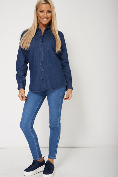 Ladies Long Sleeve Denim Shirt In Navy Colour Ex-Branded Available In Plus Sizes