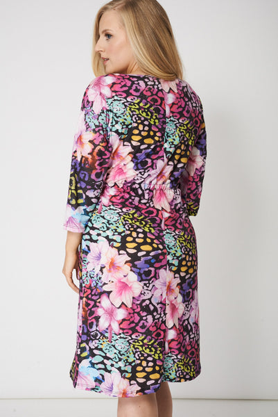 Multicoloured Flower Print Drawstring Waist Dress