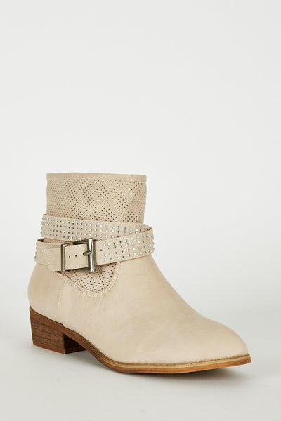 Light Beige Ankle Strap With Diamante Detail Boots