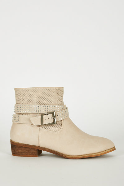 Light Beige Ankle Strap With Diamante Detail Boots